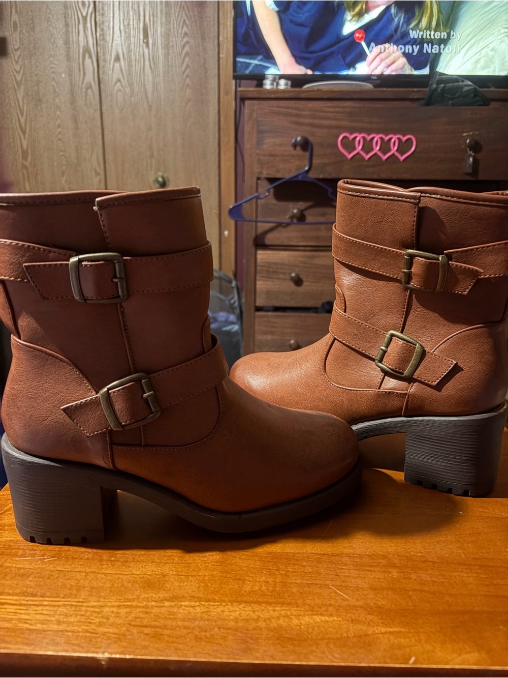Celebrity Pink Tan Brown Buckle Strap Heeled Ankle Boots